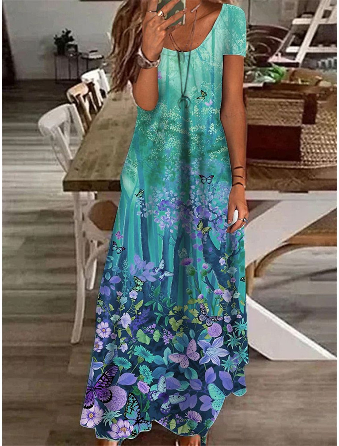Watercolor Floral Panel Scoop Neck Short Sleeve A-Line Maxi Dress 2