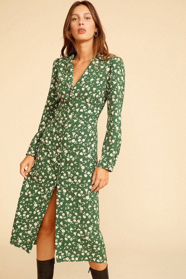Floral Print Notched Collar Button-Front Side Slit Shirt Midi Dress 2
