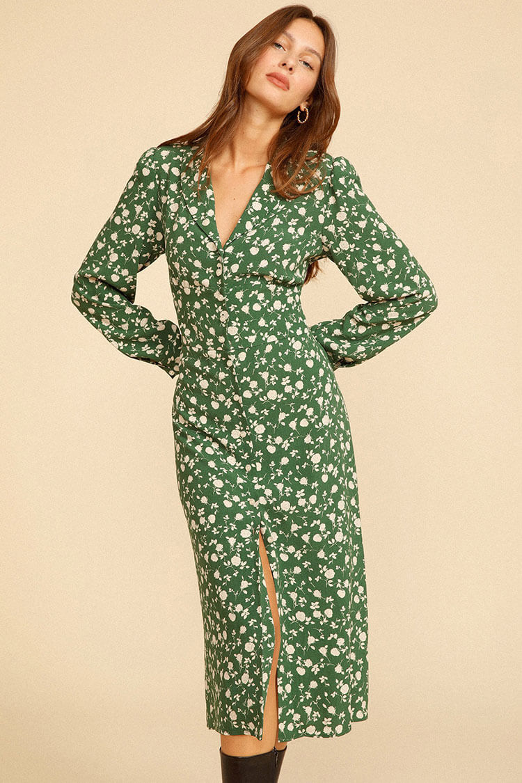 Floral Print Notched Collar Button-Front Side Slit Shirt Midi Dress 3