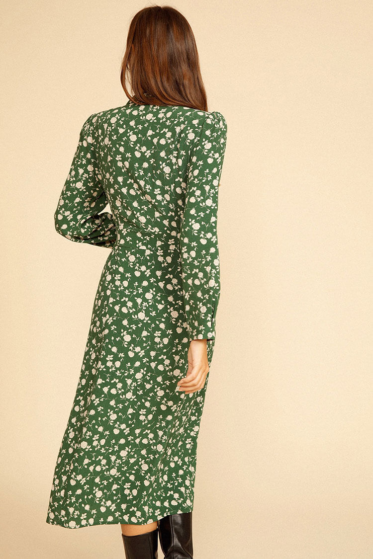 Floral Print Notched Collar Button-Front Side Slit Shirt Midi Dress 4