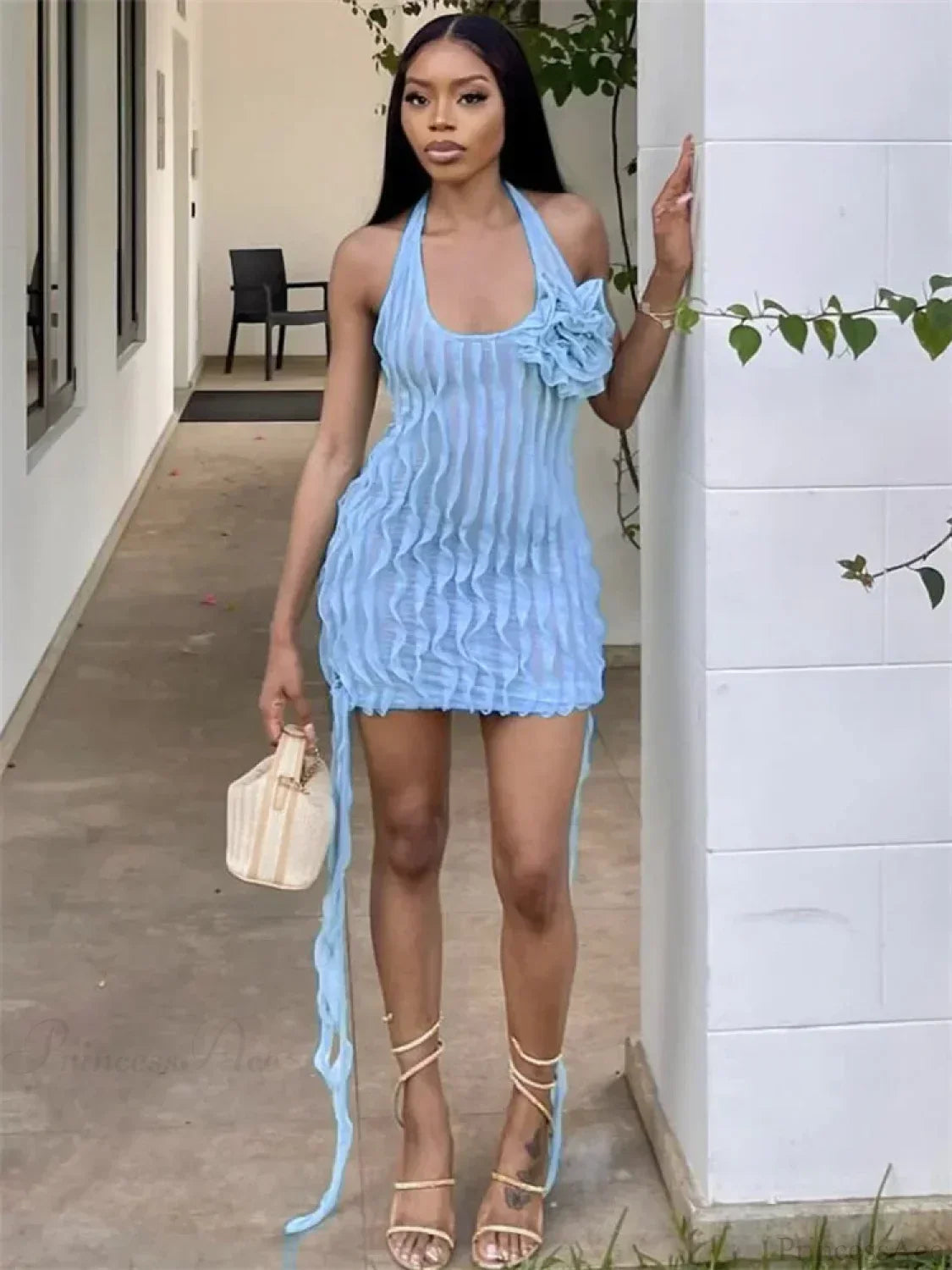 Halter Neck Lettuce Edge Tiered Ruffle Rosette Applique Sheer Mesh Mini Dress 3