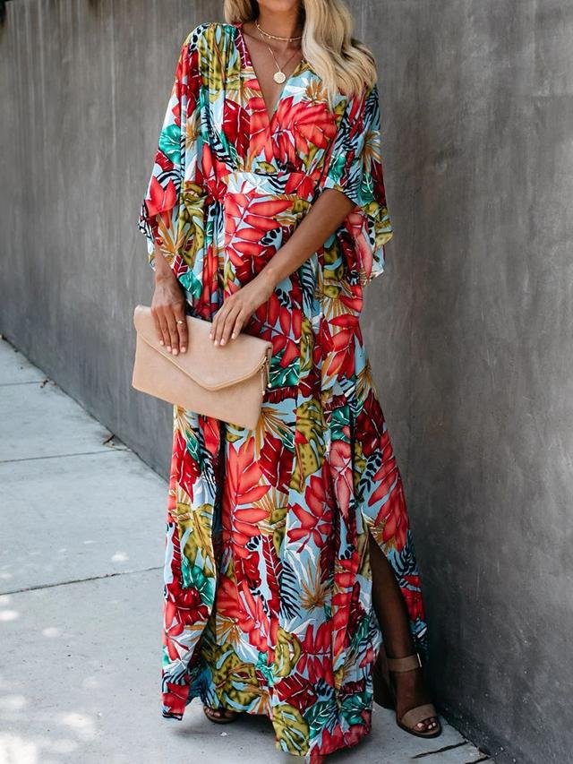 Tropical Botanical Print Kimono Sleeve Wrap Waist Maxi Dress 4