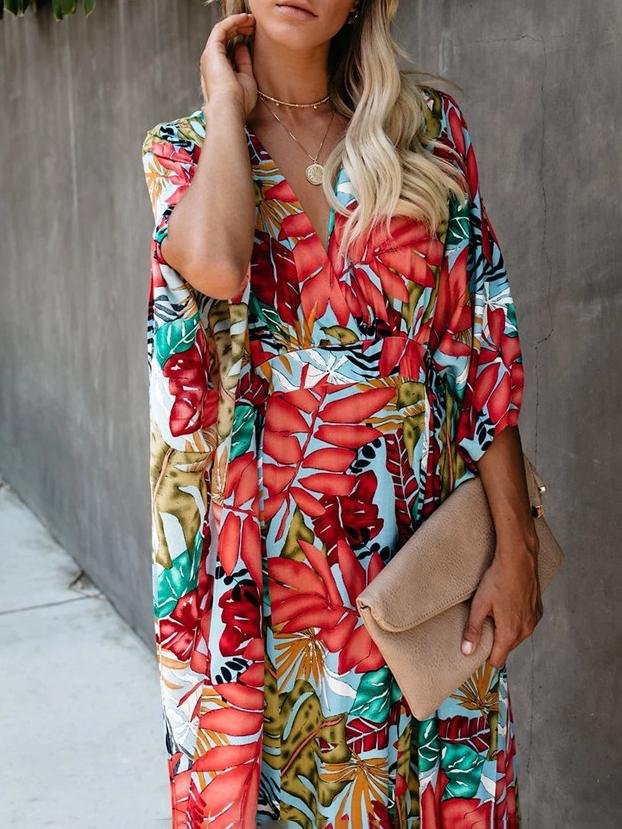 Tropical Botanical Print Kimono Sleeve Wrap Waist Maxi Dress