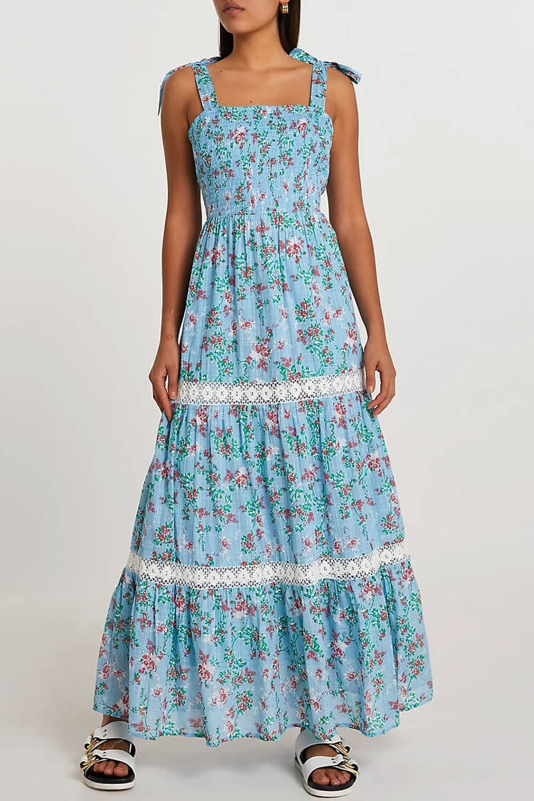Ditsy Floral Smocked Tie Shoulder Tiered Lace Trim Maxi Dress