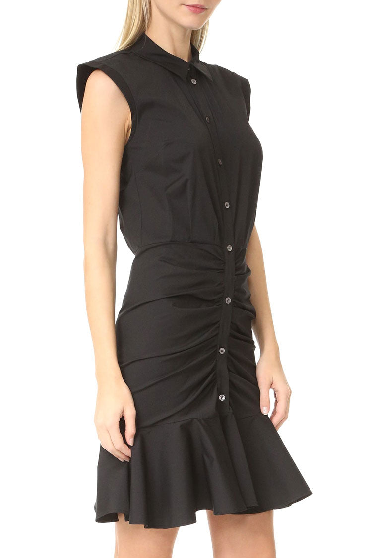 Collared Button Front Ruched Fishtail Ruffle Hem Mini Shirt Dress 3