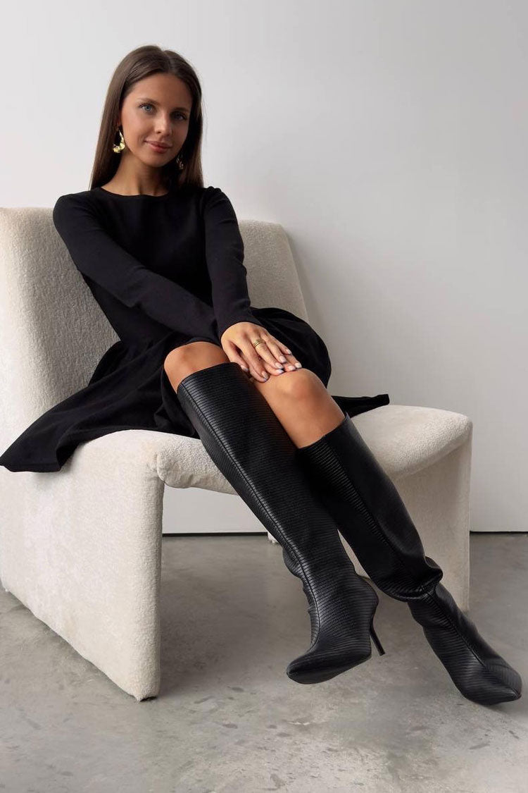 Crew Neck Long Sleeve Rib Knit Fit and Flare Sweater Mini Dress 4