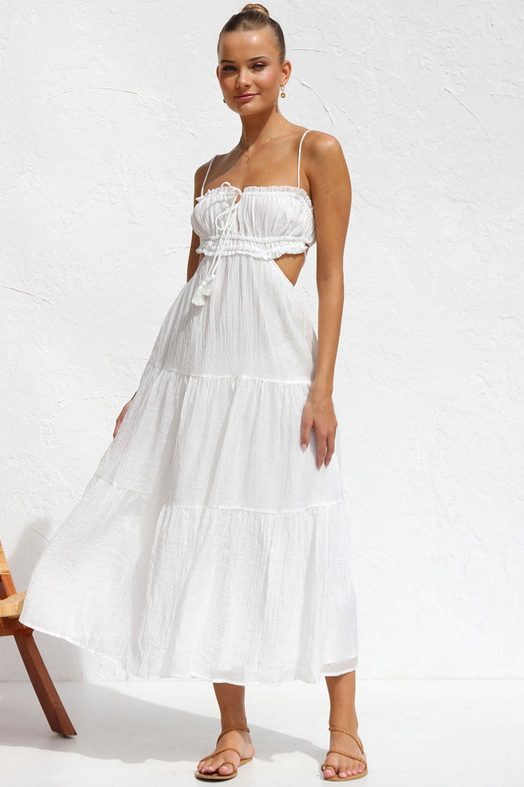 Tie Neck Ruffle Tier Side Cut Out Ruched Tiered Midi Dress