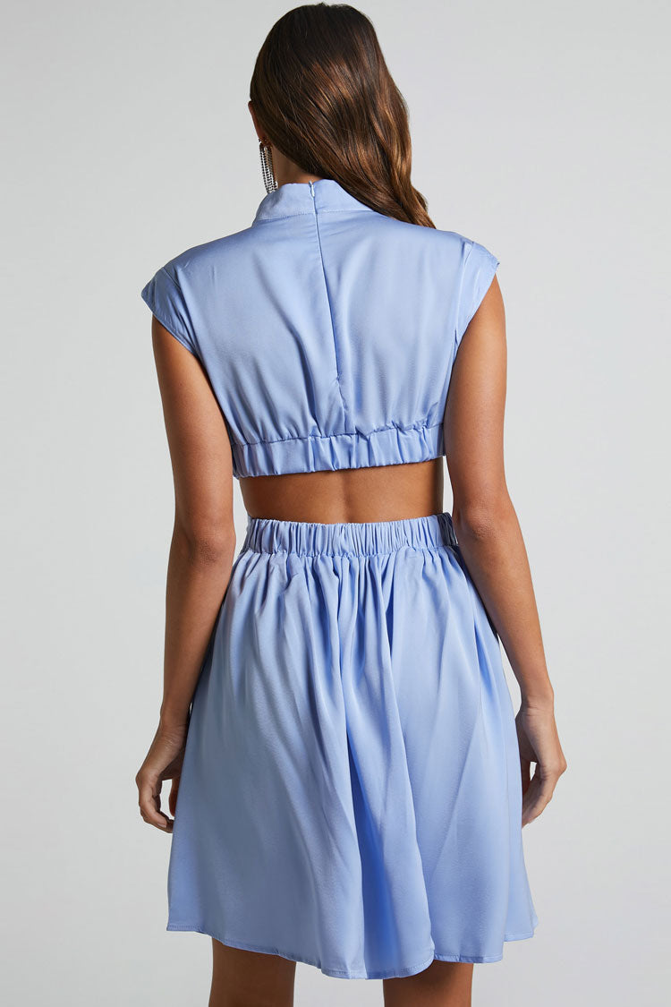 Mock Neck Cap Sleeve Ruched Bodice Waist Cutout Pleated A-Line Mini Dress 3