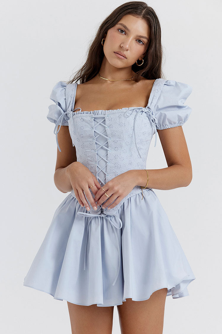 Eyelet Lace-Up Corset Square Neck Puff Sleeve Fit-and-Flare Mini Dress 2