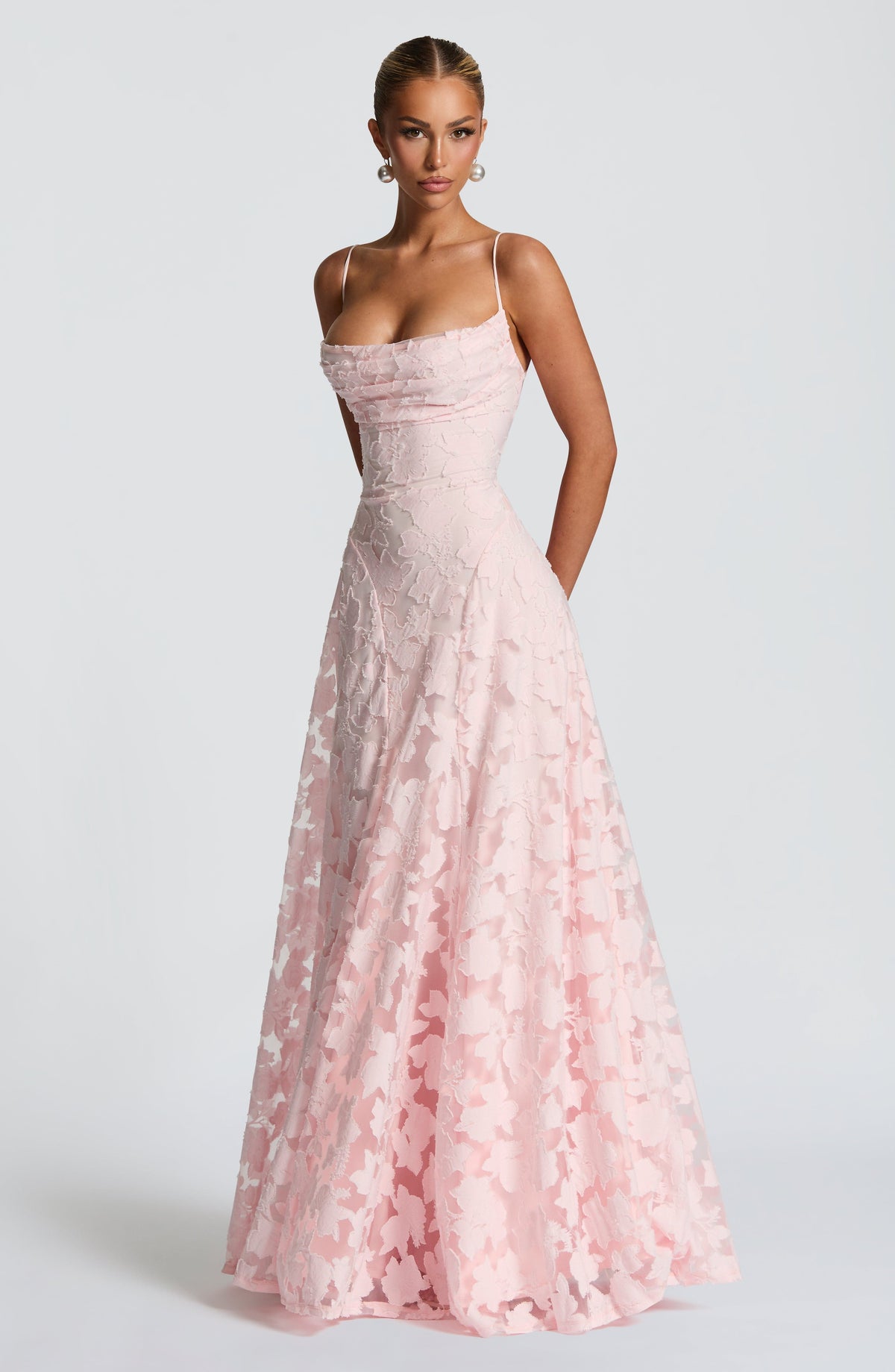 Spaghetti Strap Square Neck Floral Burnout A-Line Floor-Length Gown 20
