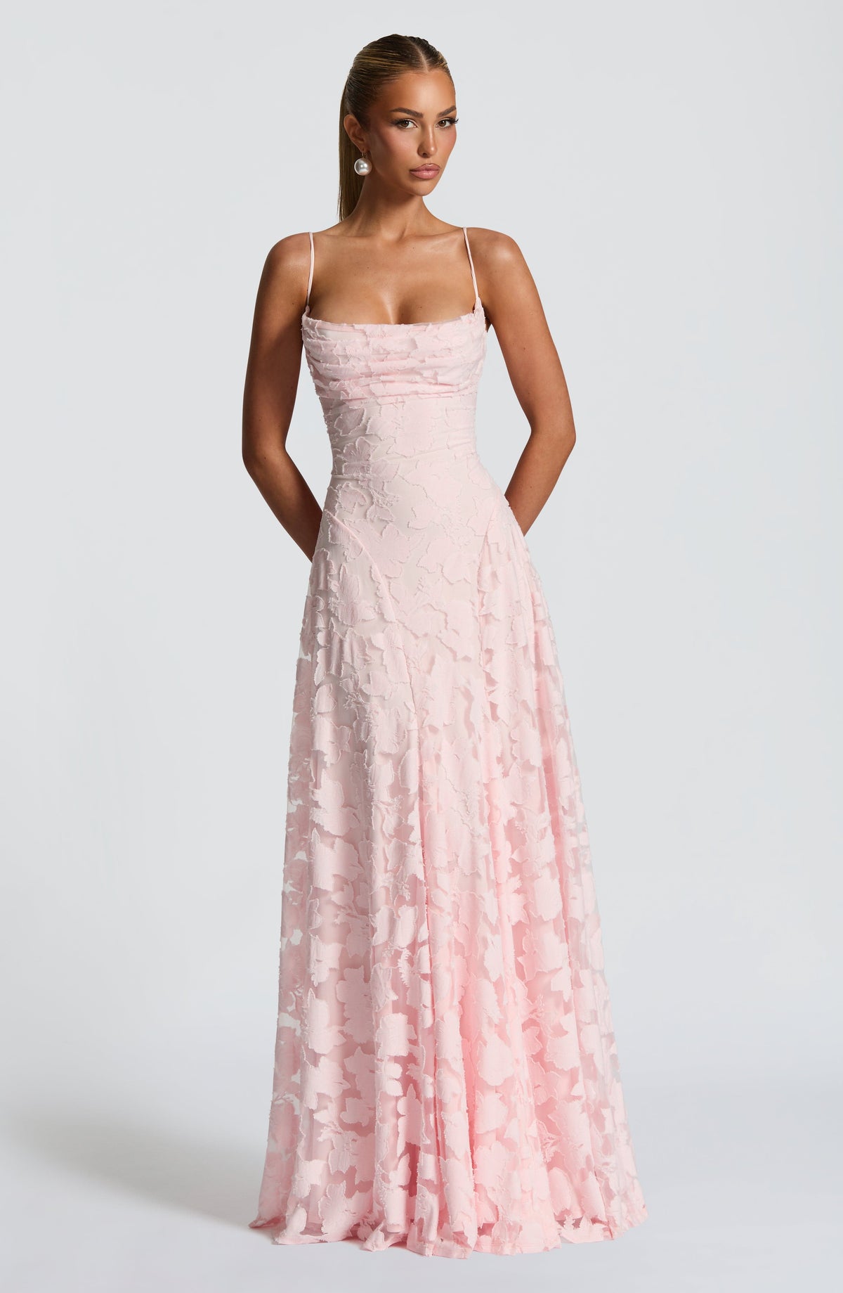 Spaghetti Strap Square Neck Floral Burnout A-Line Floor-Length Gown 19