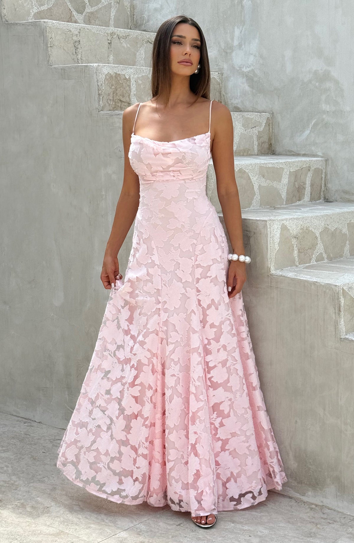 Spaghetti Strap Square Neck Floral Burnout A-Line Floor-Length Gown 23