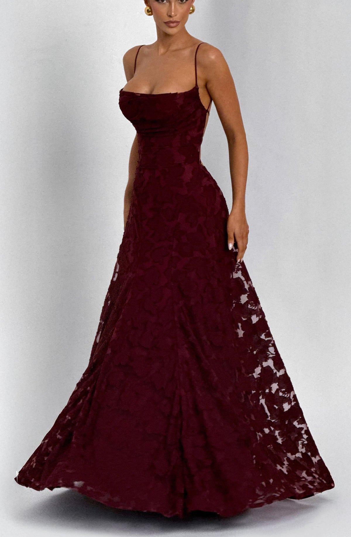 Spaghetti Strap Square Neck Floral Burnout A-Line Floor-Length Gown 4