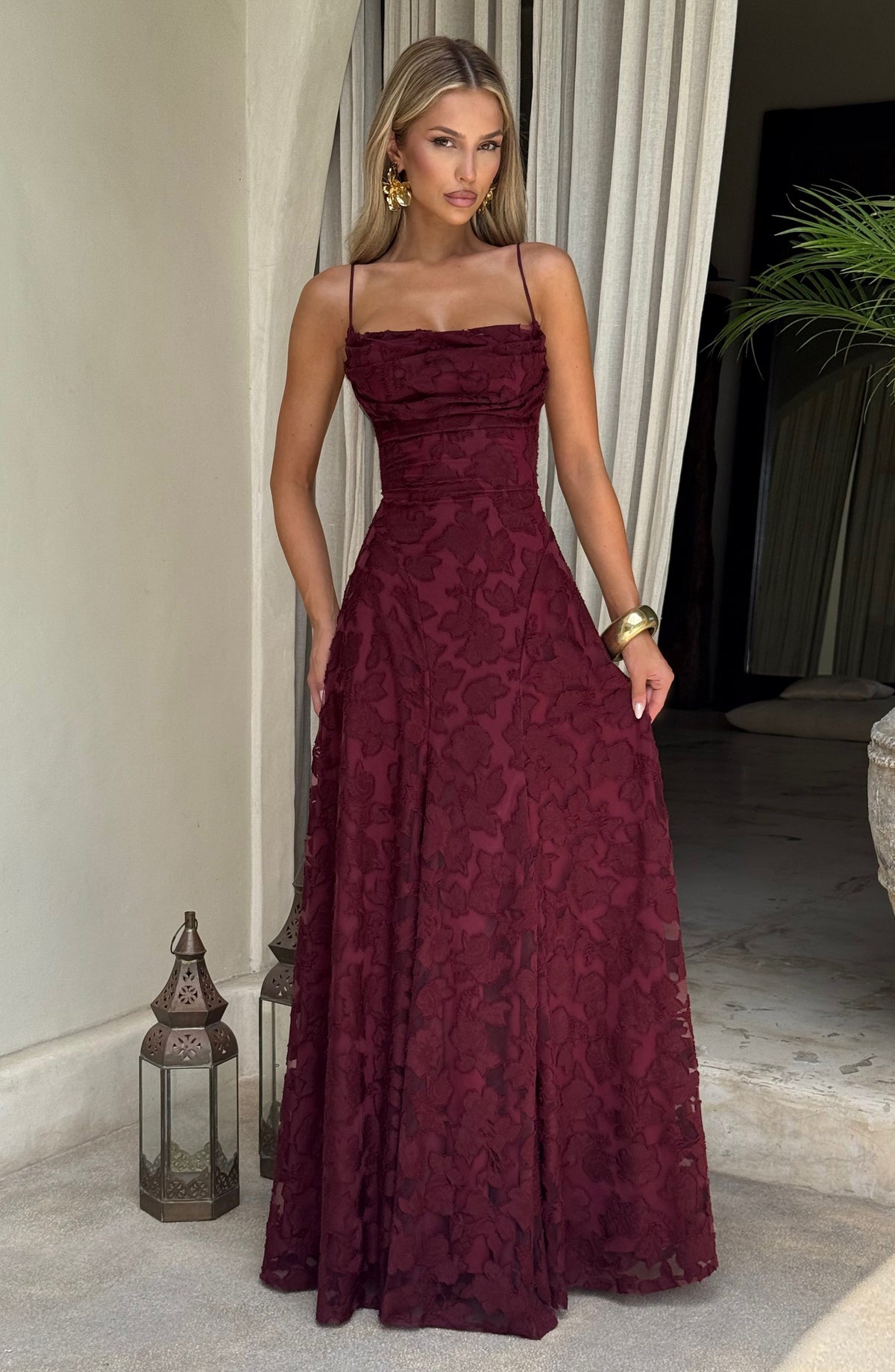 Spaghetti Strap Square Neck Floral Burnout A-Line Floor-Length Gown 6