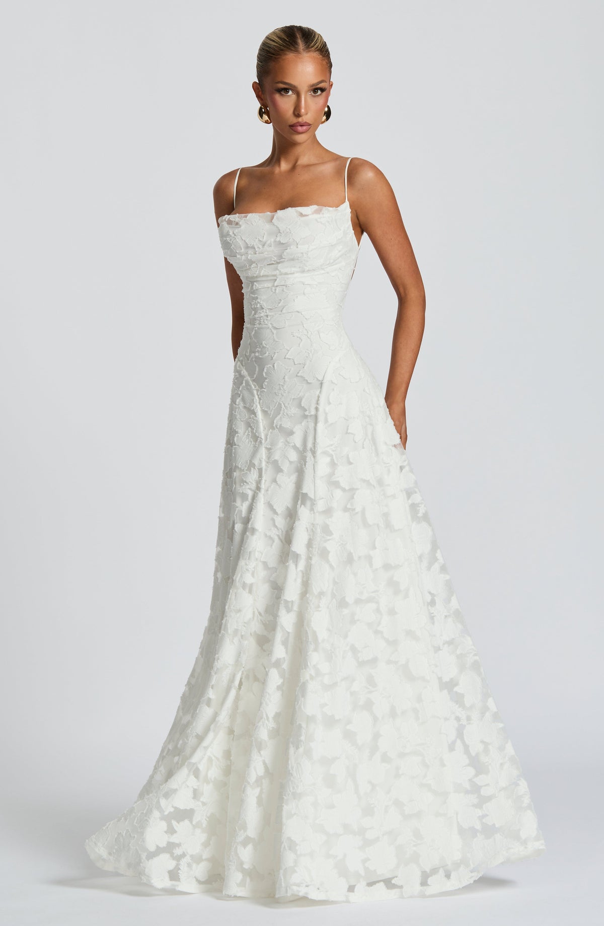 Spaghetti Strap Square Neck Floral Burnout A-Line Floor-Length Gown 15