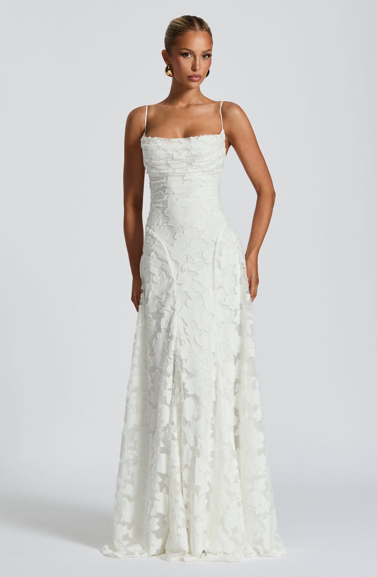 Spaghetti Strap Square Neck Floral Burnout A-Line Floor-Length Gown 14