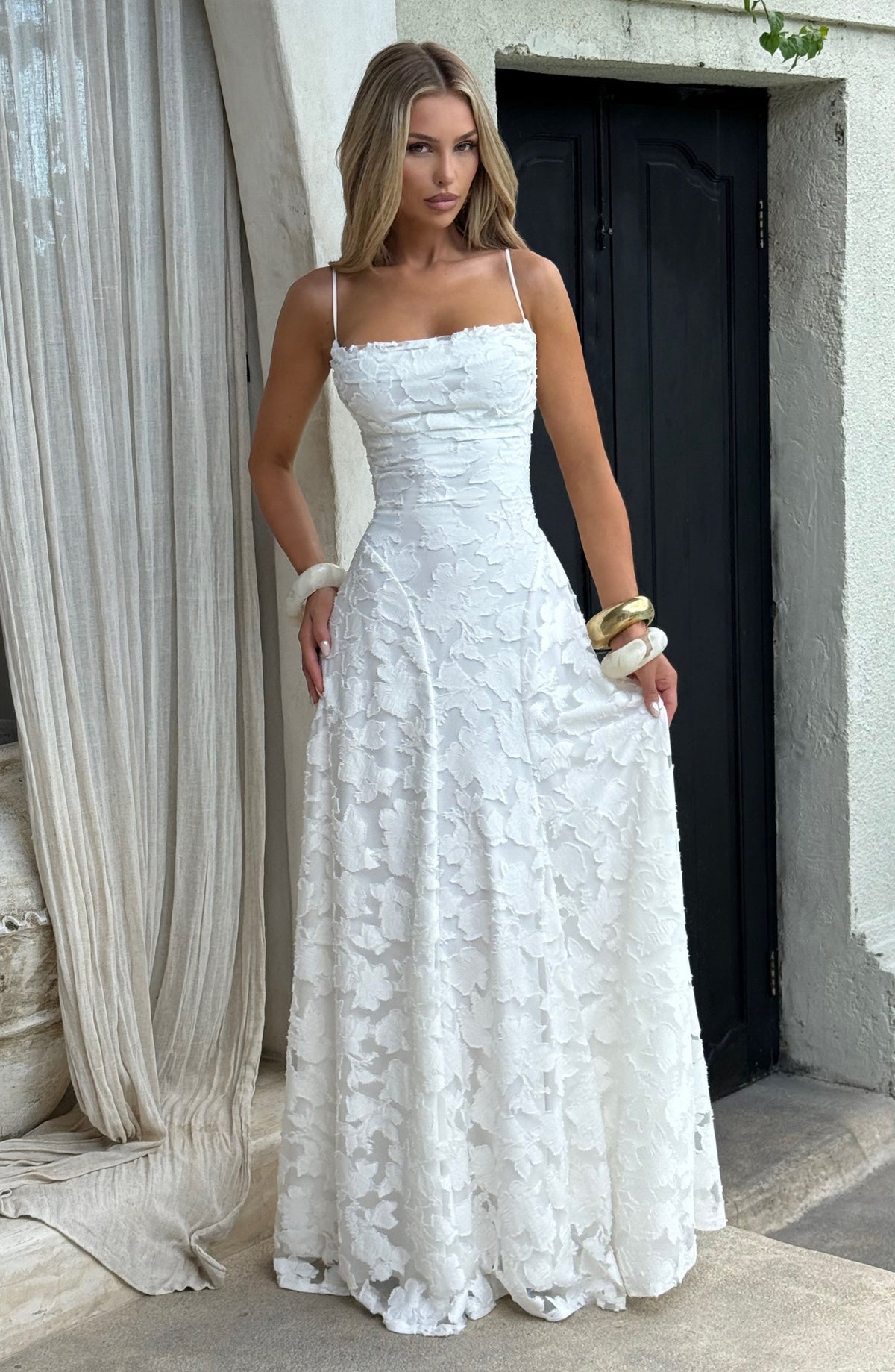 Spaghetti Strap Square Neck Floral Burnout A-Line Floor-Length Gown 18