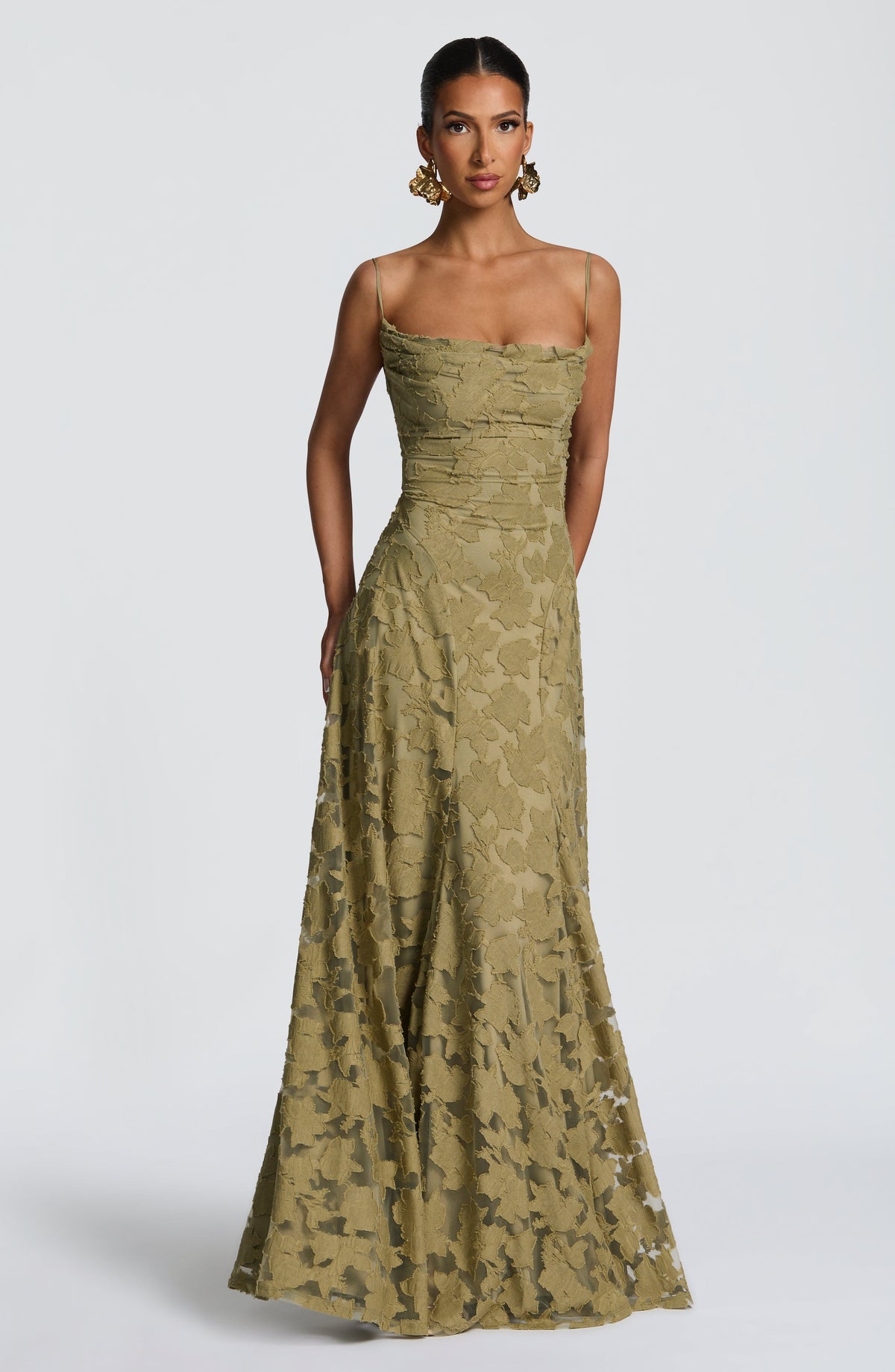 Spaghetti Strap Square Neck Floral Burnout A-Line Floor-Length Gown 8