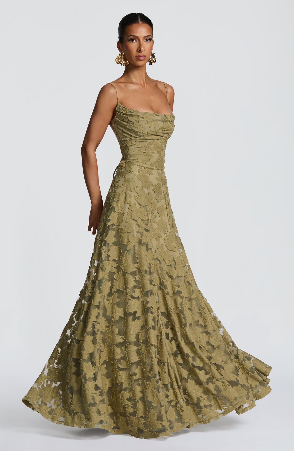 Spaghetti Strap Square Neck Floral Burnout A-Line Floor-Length Gown 10