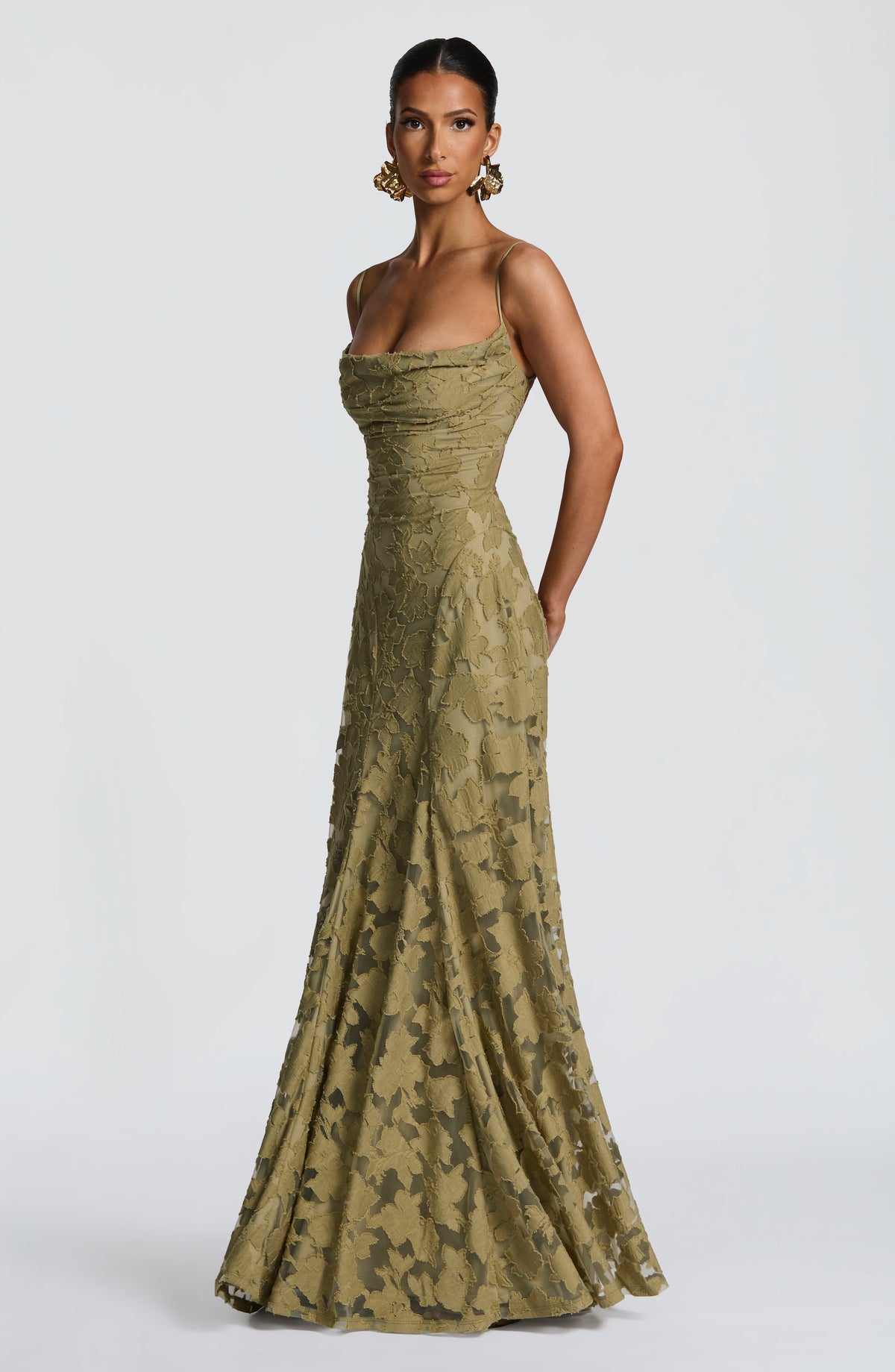 Spaghetti Strap Square Neck Floral Burnout A-Line Floor-Length Gown 11