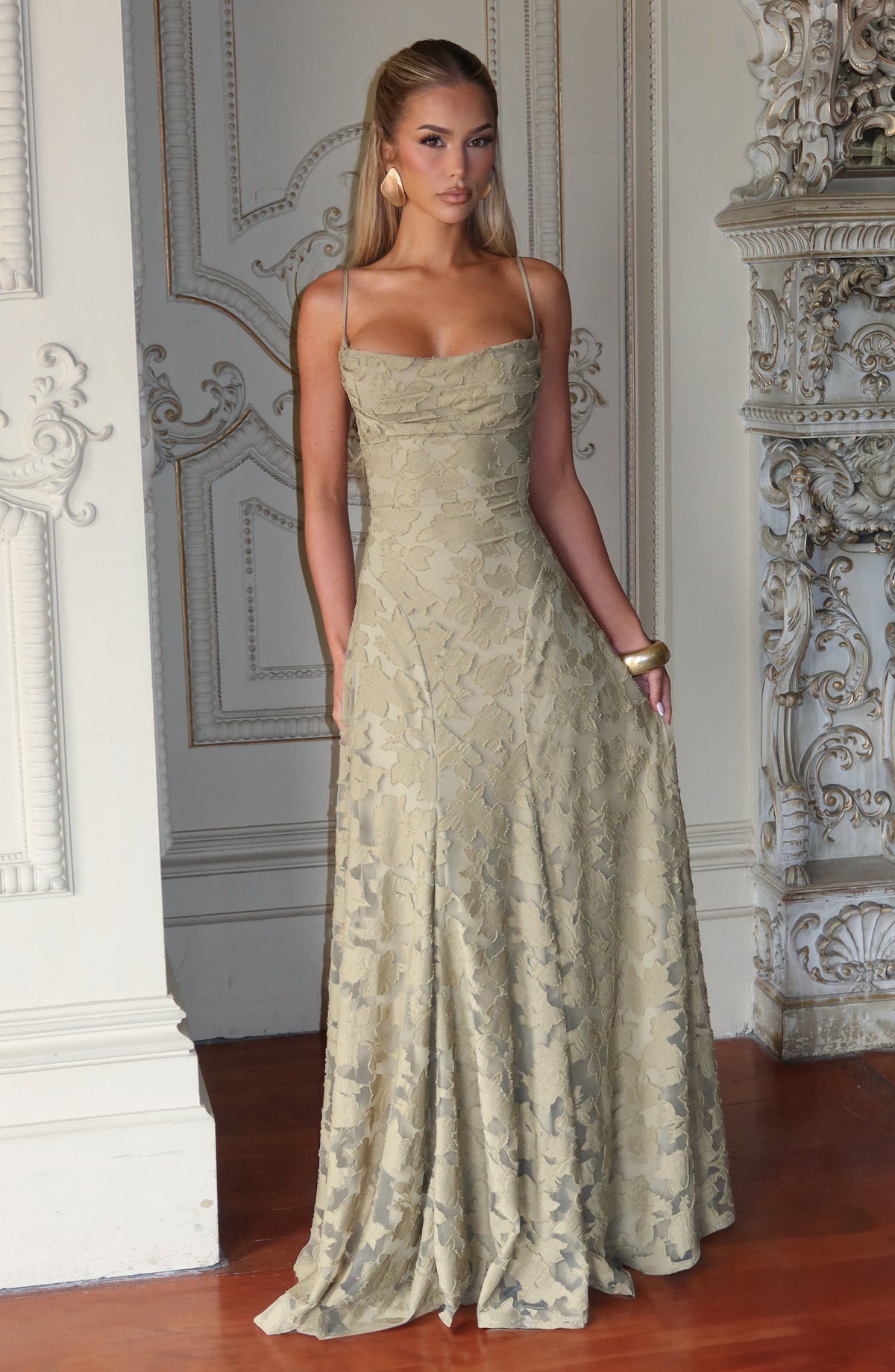 Spaghetti Strap Square Neck Floral Burnout A-Line Floor-Length Gown 13