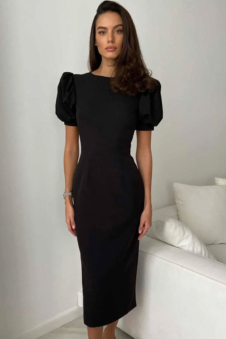 Round Neck Puff Sleeve Bodycon Midi Dress 2