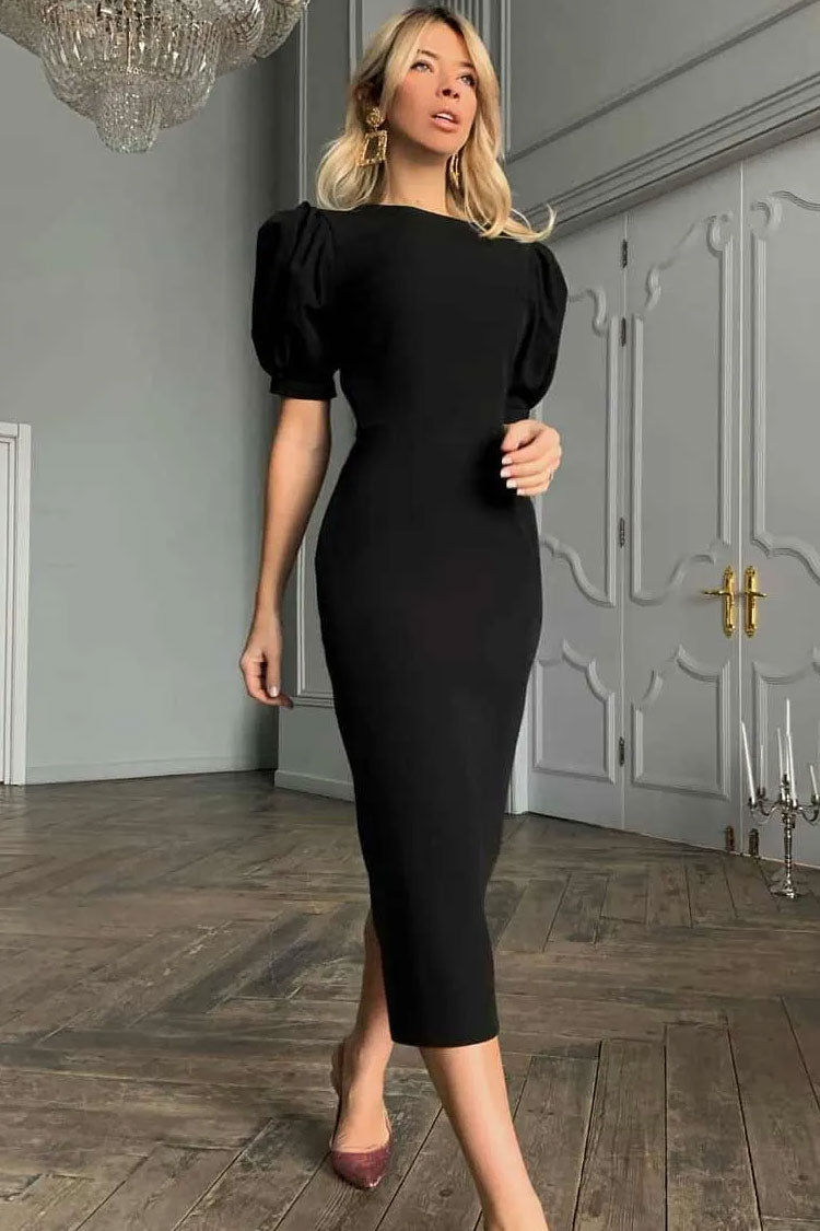 Round Neck Puff Sleeve Bodycon Midi Dress 3