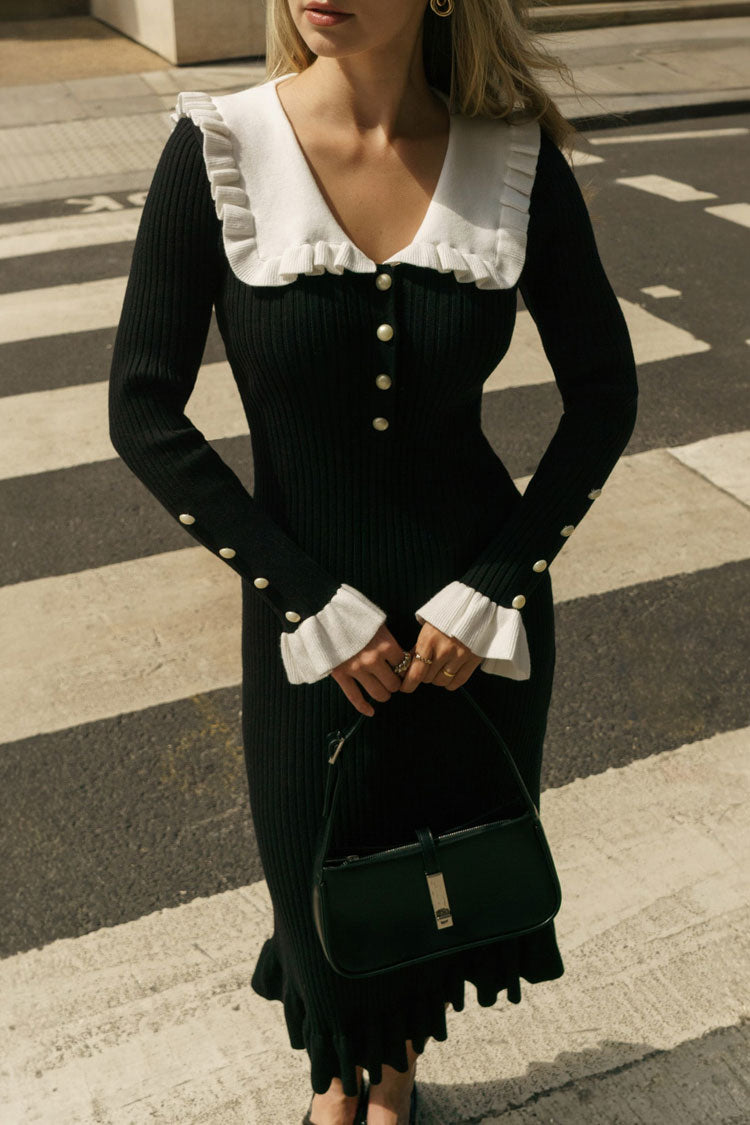Ribbed Knit Ruffle Peter Pan Collar Half-Button Long Sleeve Midi Dress 3
