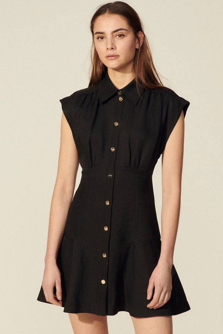Collared Cap Sleeve Button Front A-Line Shirt Mini Dress
