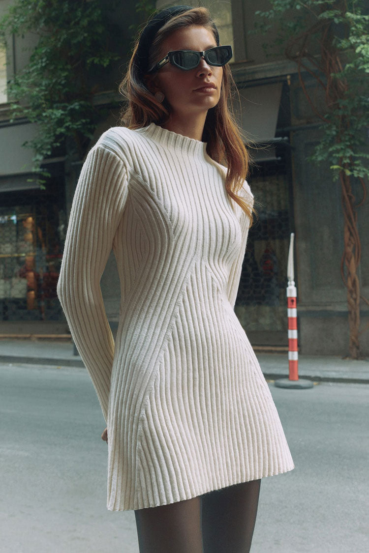 Mock Neck Chevron Rib Long Sleeve Fit and Flare Sweater Mini Dress 4