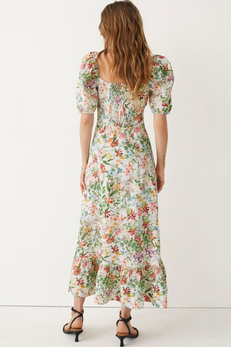 Square Neck Puff Sleeve Smocked Floral Print Front Slit Ruffle Hem Midi Dress 2