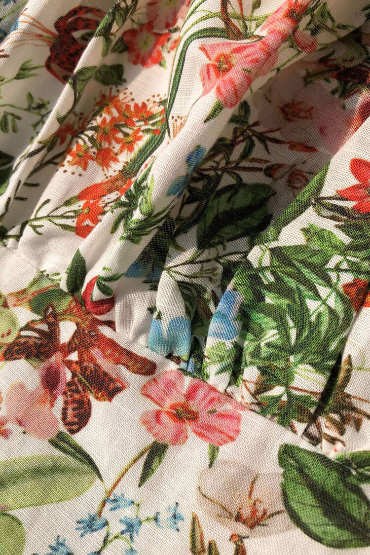 Square Neck Puff Sleeve Smocked Floral Print Front Slit Ruffle Hem Midi Dress 4
