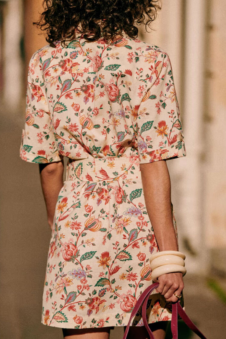 Floral Print Short Sleeve Collar Tie Waist Belted Mini Shirt Dress 3