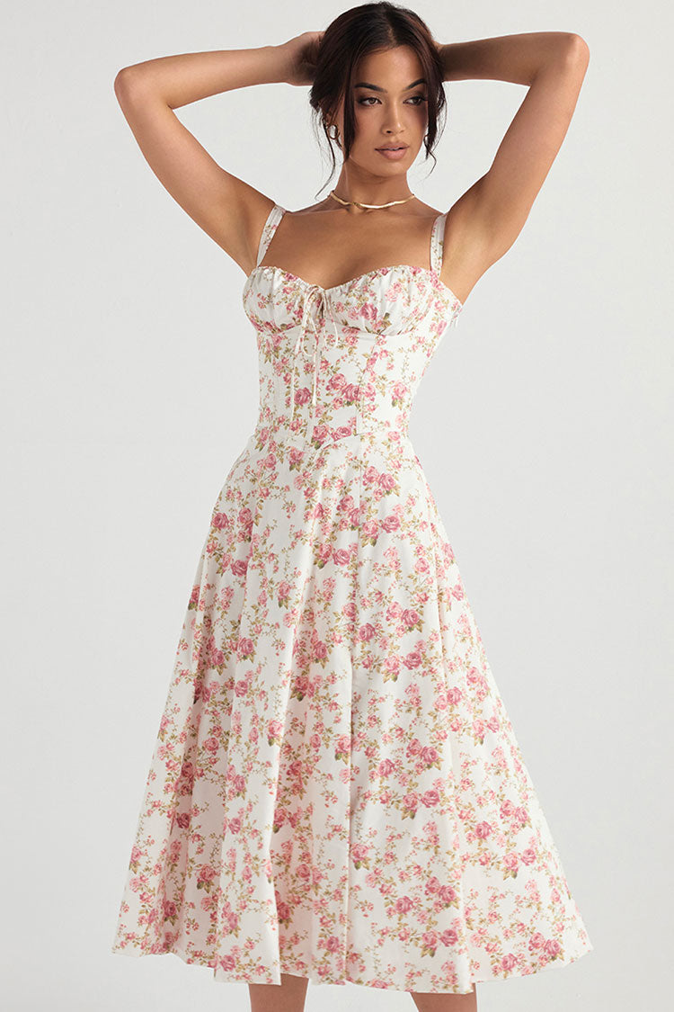Floral Print Bustier Sweetheart Lace Up Tie Front Thigh Slit Midi Dress 2