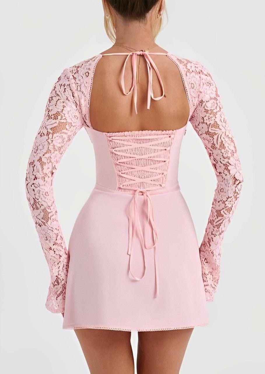 Tie Front Cupped Bustier Floral Lace Bell Sleeve Mini Dress 2