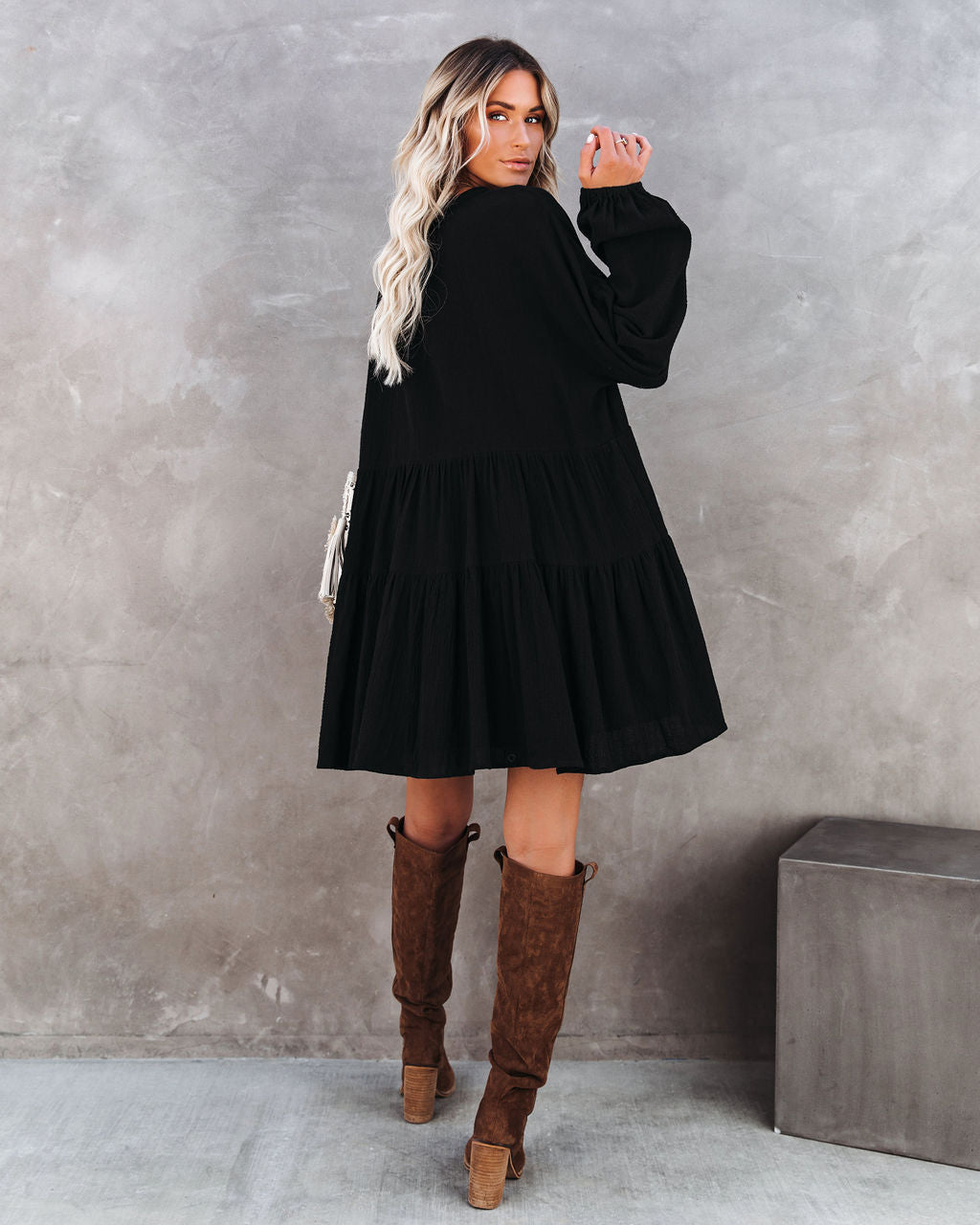 V-Neck Long Sleeve Bishop Cuff Tiered Babydoll Mini Dress 2