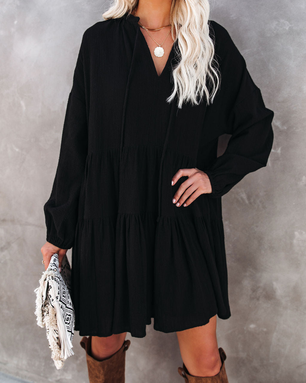 V-Neck Long Sleeve Bishop Cuff Tiered Babydoll Mini Dress 5