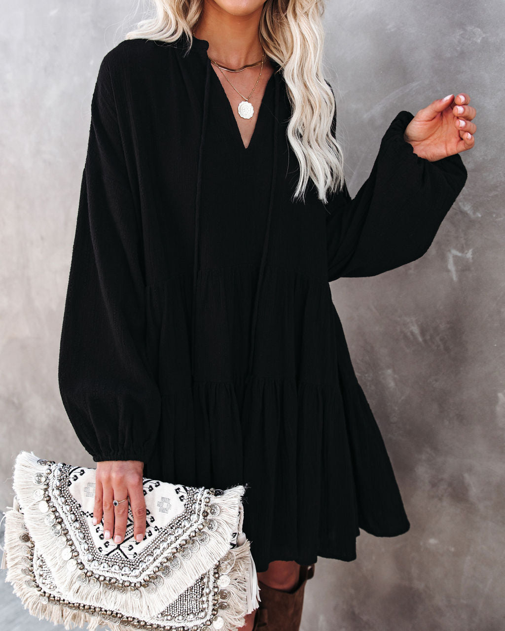 V-Neck Long Sleeve Bishop Cuff Tiered Babydoll Mini Dress 3