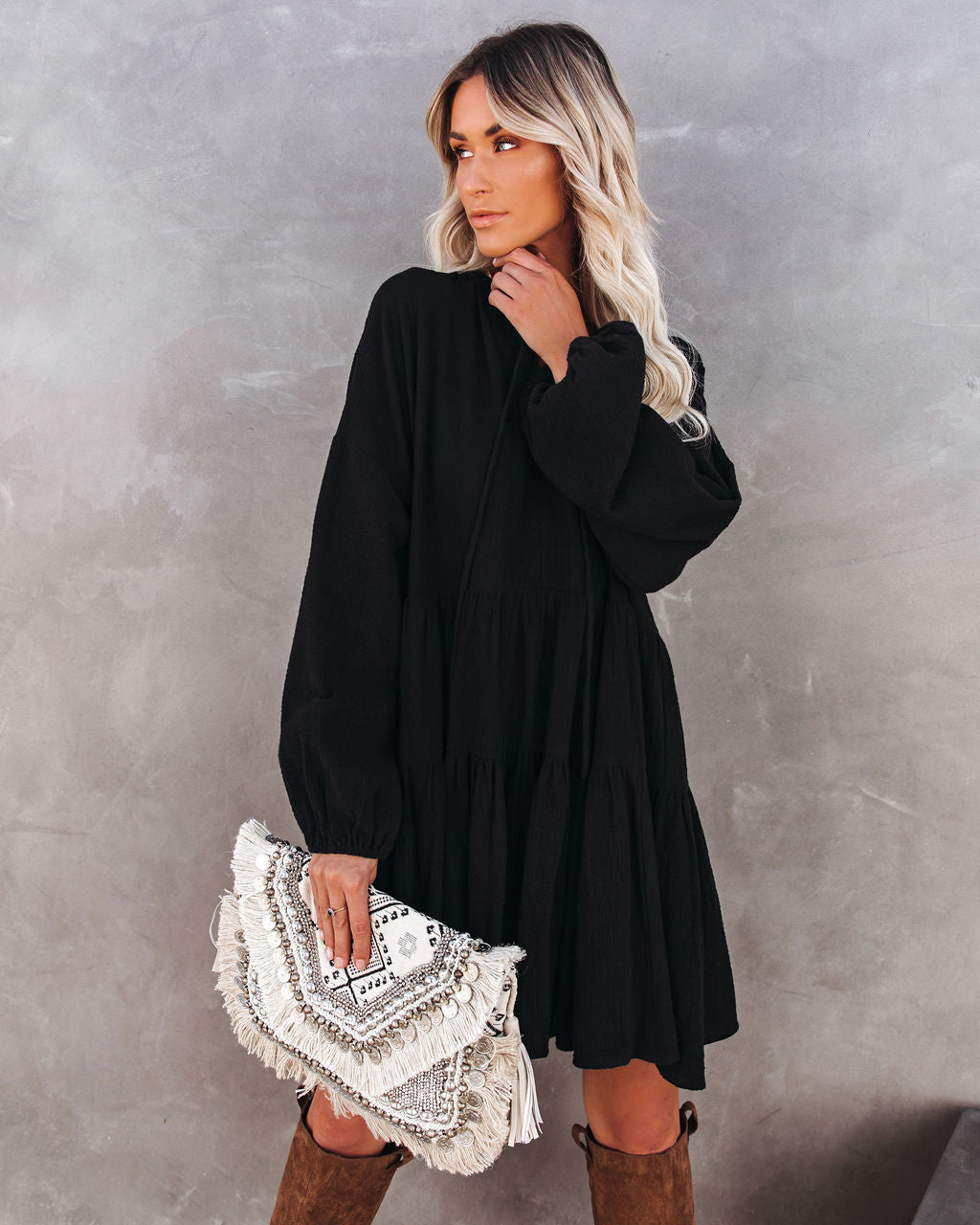 V-Neck Long Sleeve Bishop Cuff Tiered Babydoll Mini Dress 6