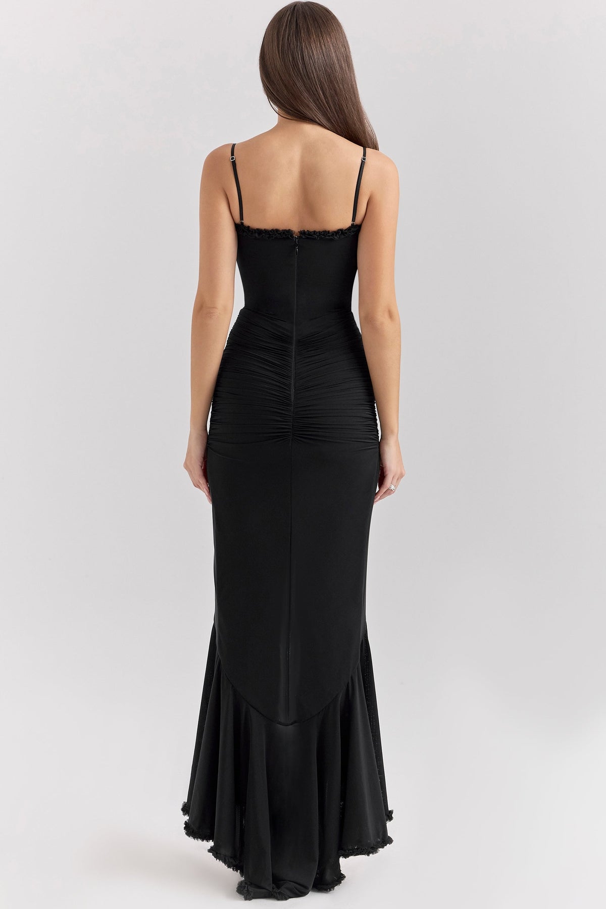 Ruffle Trim Ruched Front Slit Spaghetti Strap Maxi Dress 6