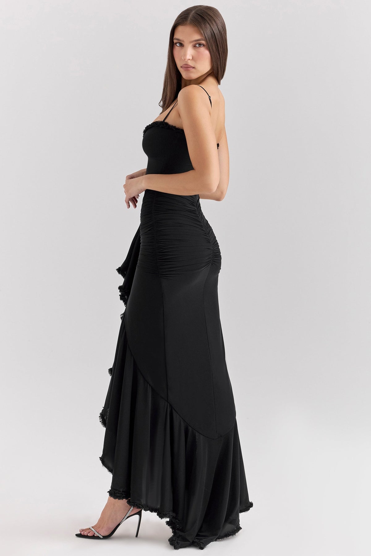 Ruffle Trim Ruched Front Slit Spaghetti Strap Maxi Dress 5