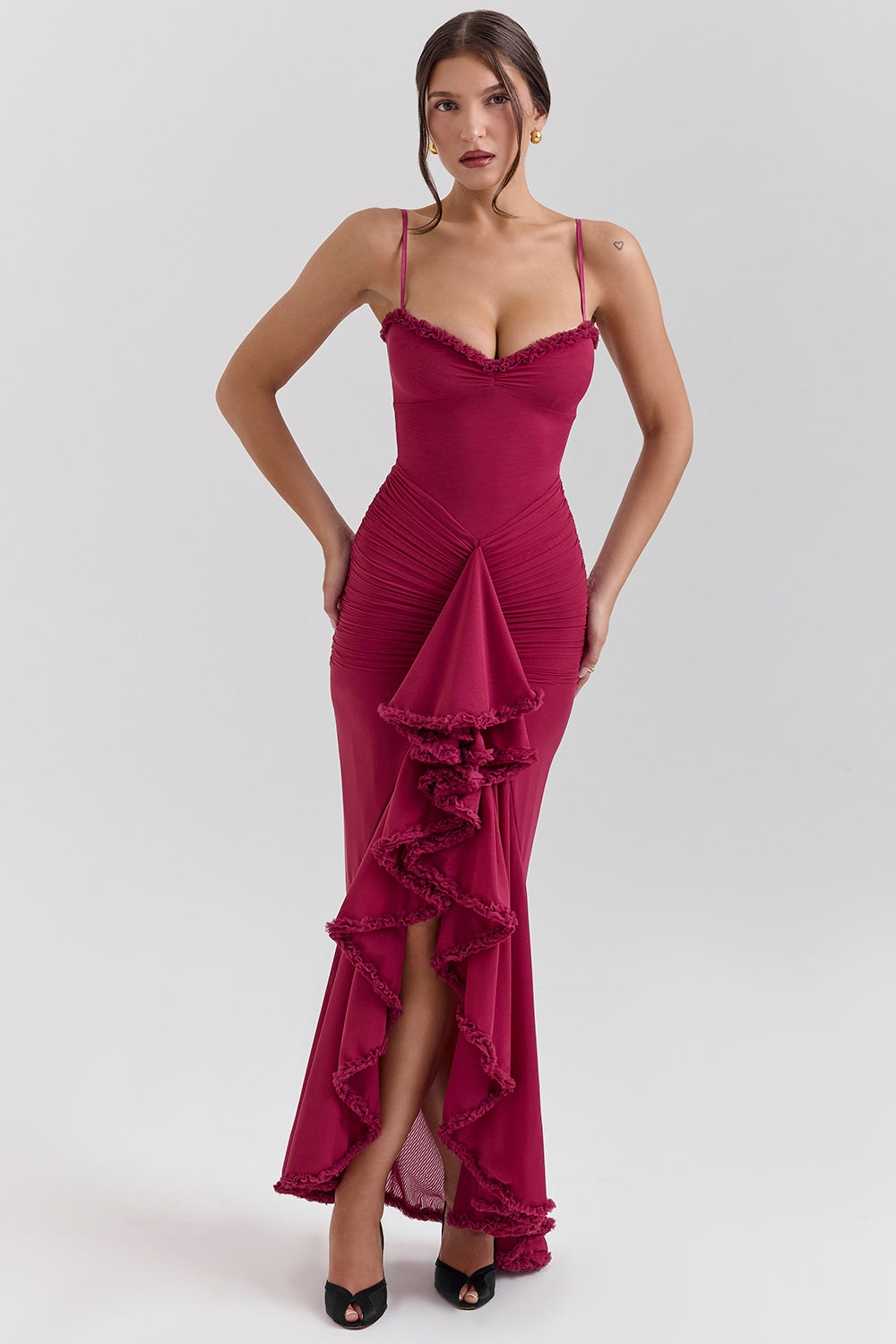 Ruffle Trim Ruched Front Slit Spaghetti Strap Maxi Dress