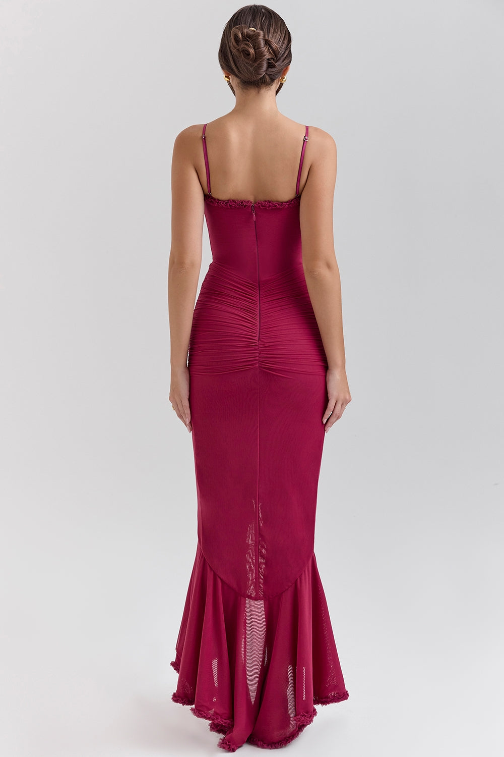 Ruffle Trim Ruched Front Slit Spaghetti Strap Maxi Dress 3