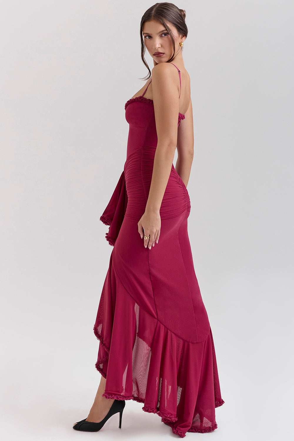 Ruffle Trim Ruched Front Slit Spaghetti Strap Maxi Dress 2