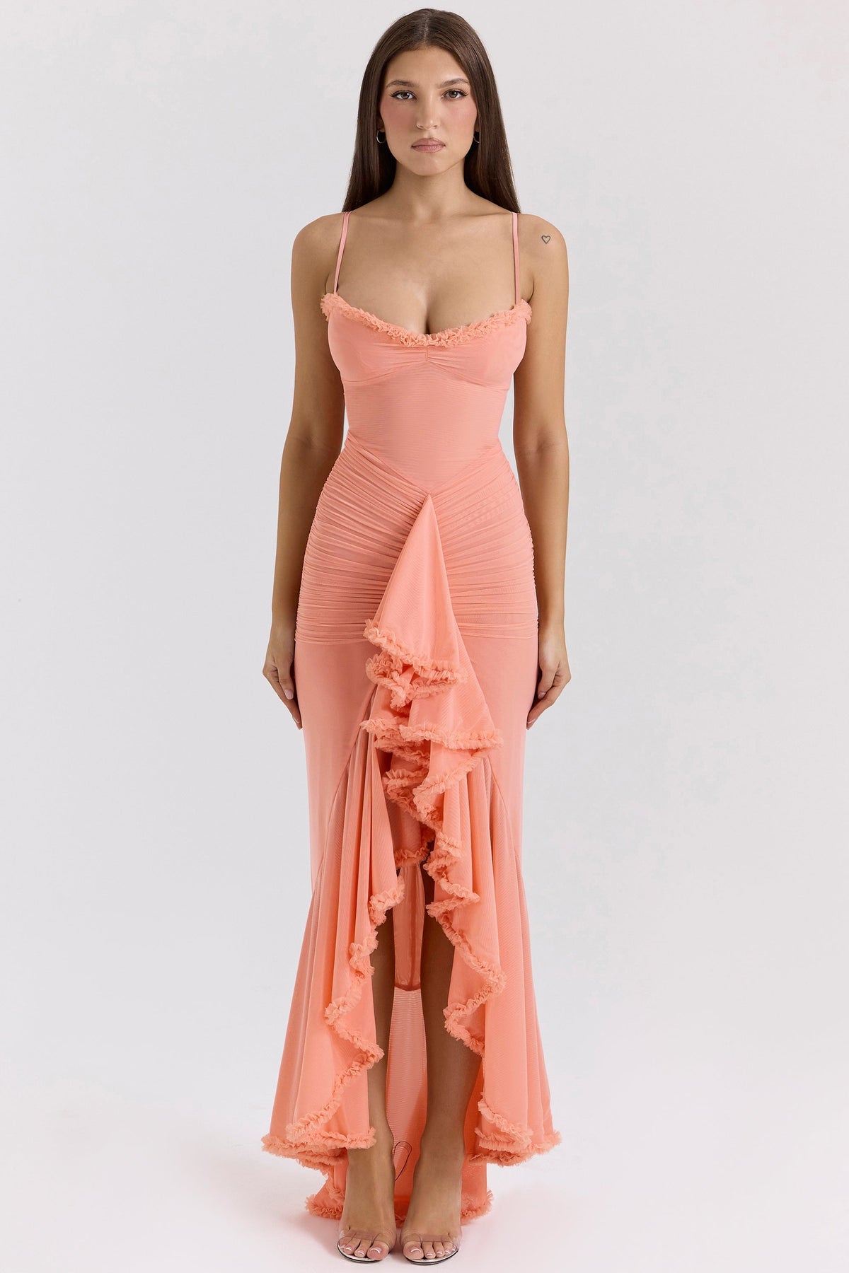 Ruffle Trim Ruched Front Slit Spaghetti Strap Maxi Dress 13