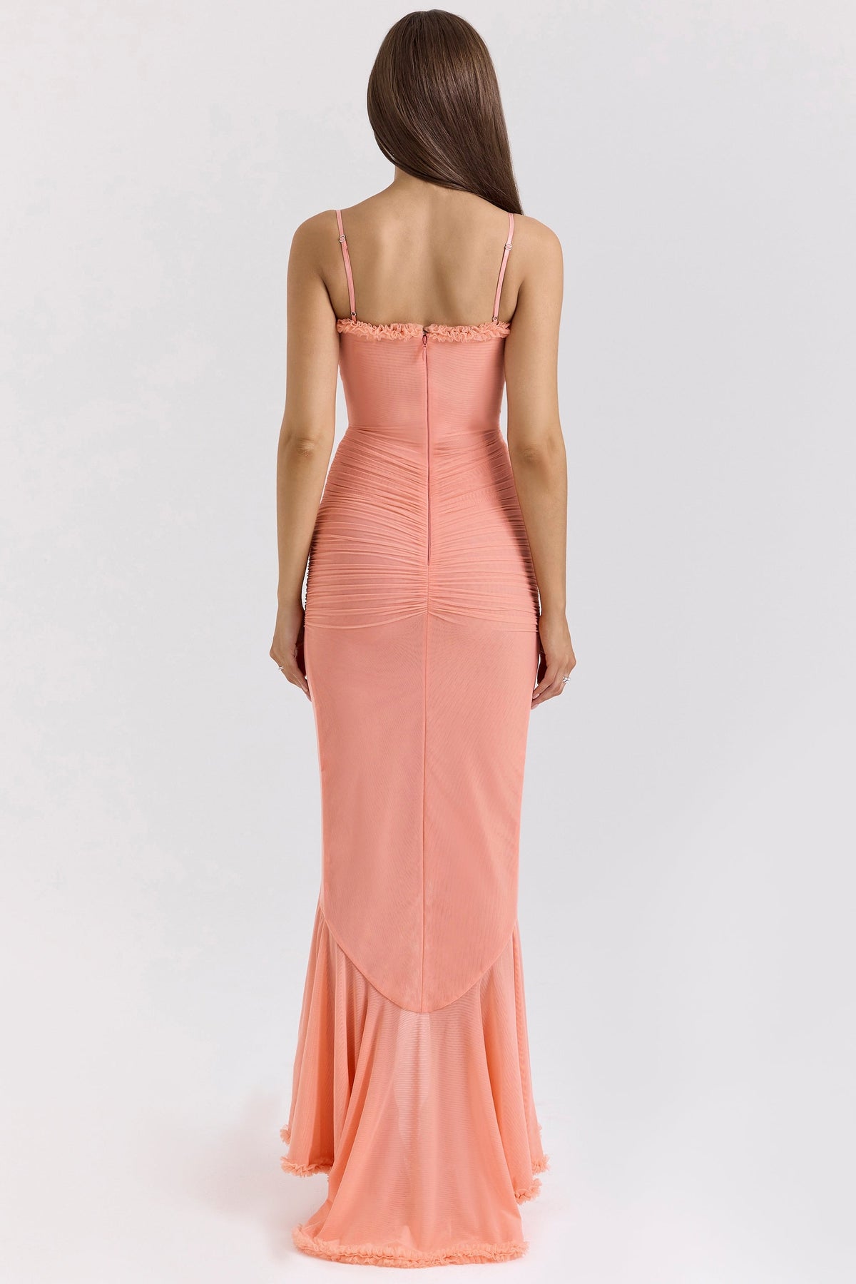 Ruffle Trim Ruched Front Slit Spaghetti Strap Maxi Dress 15