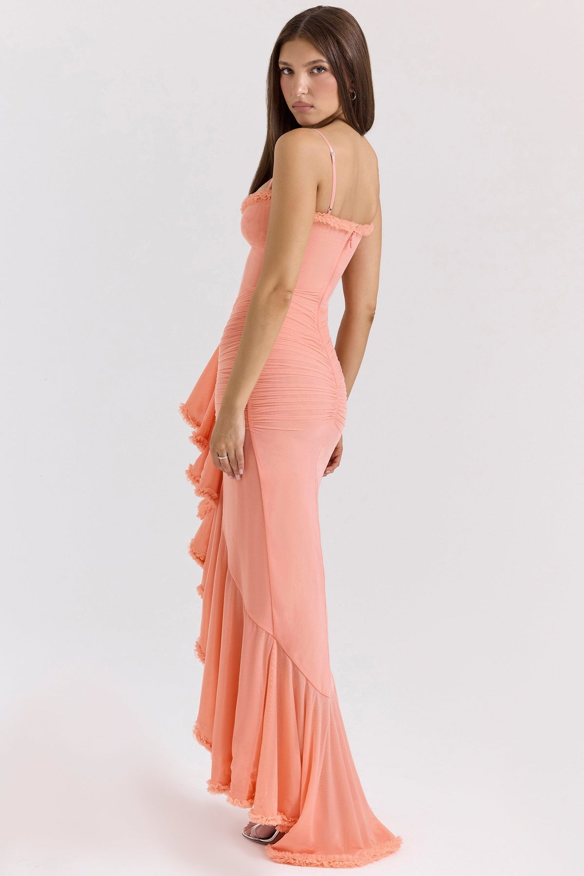 Ruffle Trim Ruched Front Slit Spaghetti Strap Maxi Dress 14