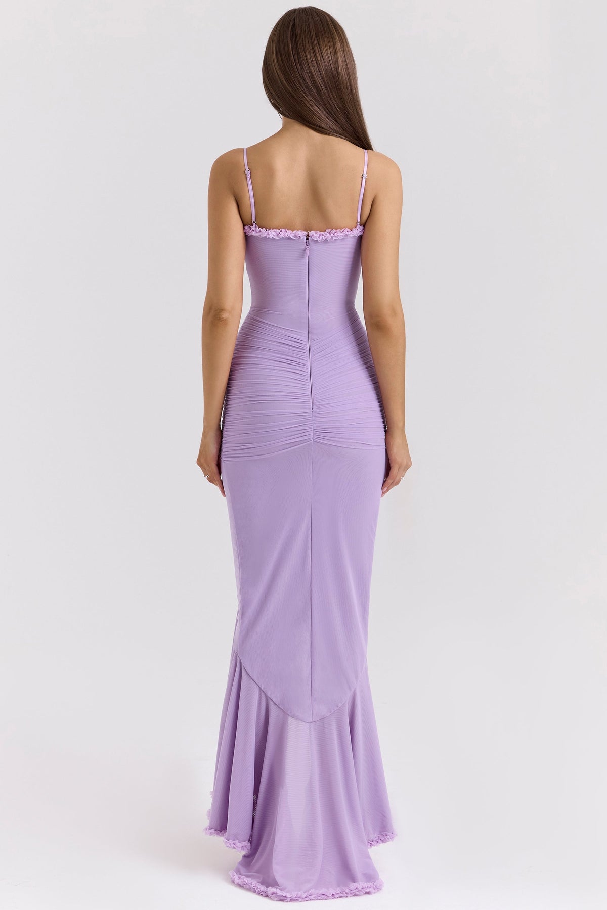 Ruffle Trim Ruched Front Slit Spaghetti Strap Maxi Dress 9