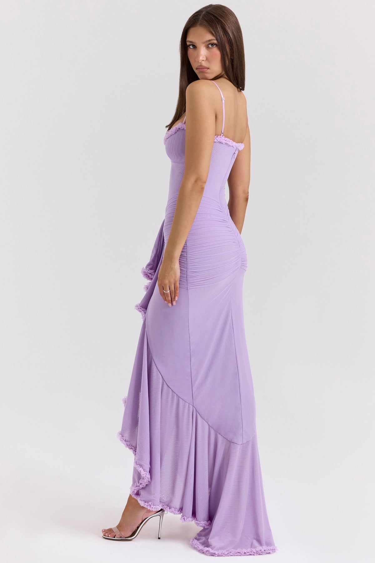 Ruffle Trim Ruched Front Slit Spaghetti Strap Maxi Dress 8