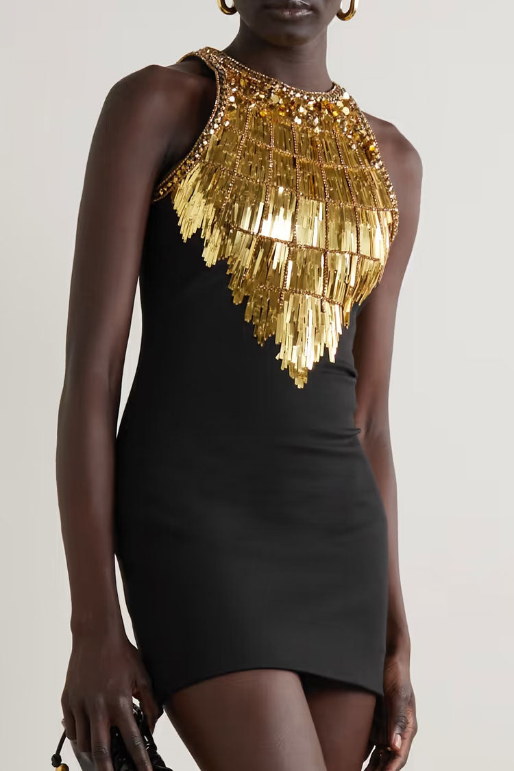 Metallic Fringe Panel Embellished Halter Bodycon Mini Dress